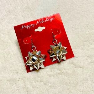 Christmas Gift Bow Drop Earrings Silver-Toned Dangle Holiday Costume Jewelry NWT